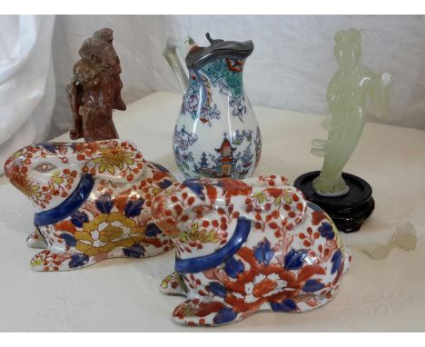 A collection of oriental porcelain & carved items to include Jade Geisha & hard stone monk figures, 2 rabbits signed to bases