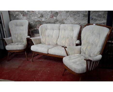 Ercol 3 piece suite with material cushions 