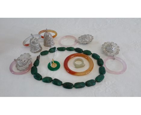 Oriental blood stone necklace, Jade & gold plated pendant, various silver filigree baby bells/rattles & Chinese glass bangle 