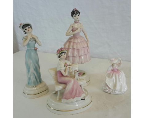 3 vintage Huldah Goebel lady figures (735, 736, 740) together with Royal Doulton miniature figure 'Buttercup' HN3908 (tallest