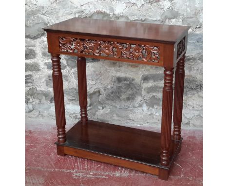 Hardwood console 2 tier table with ornate flower trim 