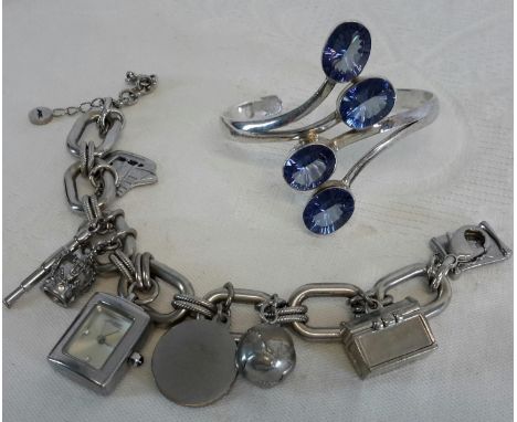 Silver & blue stone bangle together with white metal chunky charm bracelet