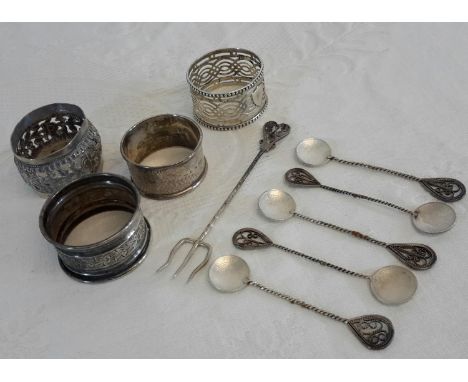 Silver Filigree spoon set, pickle fork & 3 Birmingham silver napkin rings and one other