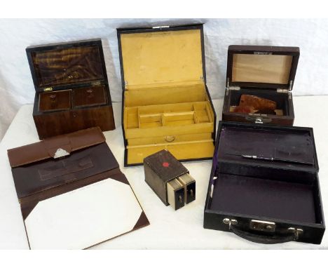 Selection of vintage writing/stationary writing boxes, tea caddy & small games card chest 