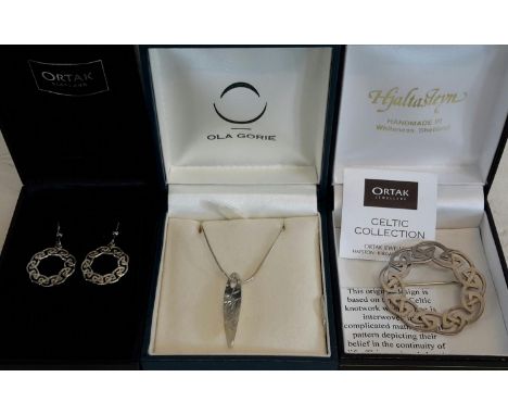 A pair of Ortak silver earrings, sliver Ola Gorie chain & pendant together with Ortak Celtic brooch