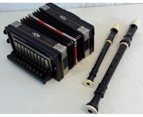 The Victor vintage squeeze box & 2 Aulos recorders 