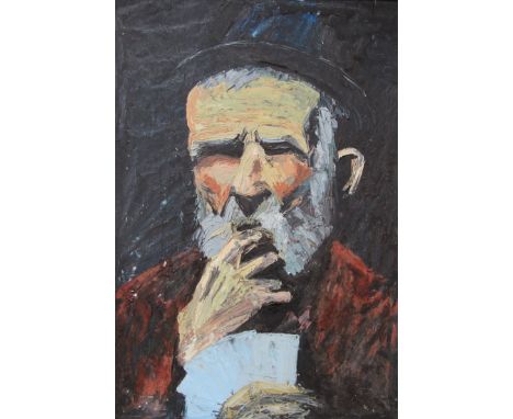 A Late 20thC oil on board of a bearded gentleman playing cards. Indistinctly signed bottom right and dated '70. 60cm x 41cm