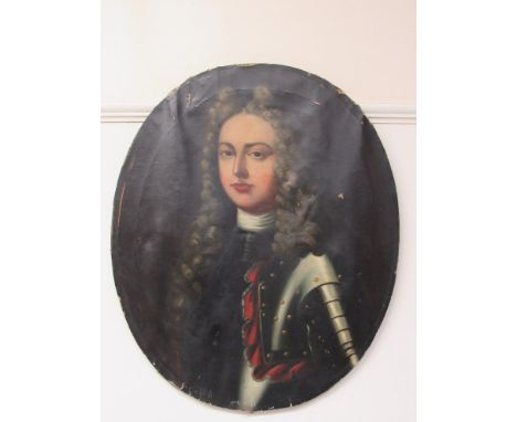 An 18th Century oil on oval canvas of a military gentleman in armour.  Written verso 'Captain Heron, Eng 21ys, 1711'.  Unfram