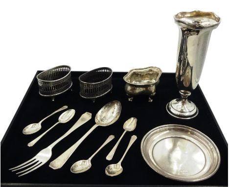 Silver salts, flatware and dish all hallmarked, approx 10oz and weighted silver vase by Adie Brothers Ltd, Birmingham 1928 Co