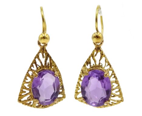 Pair of 9ct gold oval amethyst pendant earrings Condition Report Tested 9ct, length = 23mm Click here for further images, con