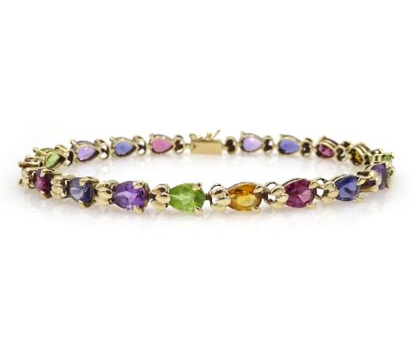 9ct gold pear shaped multi gem set bracelet, including amethyst, tanzanite, peridot and citrine, hallmarked Condition Report 