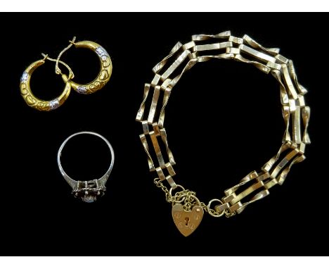 9ct gold three bar gate bracelet, pair of 9ct gold hoop earrings and a silver opal and garnet cluster ring, all hallmarked or