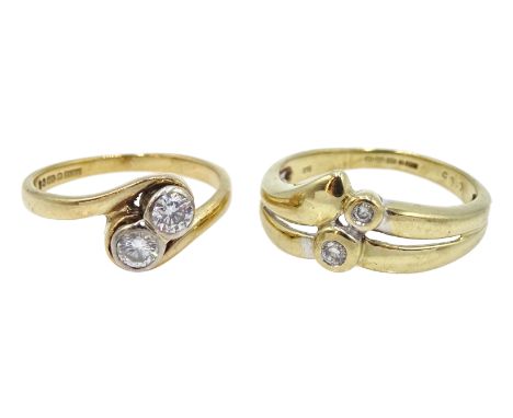 Gold two diamond stone crossover ring and one other similar set with two diamonds, both hallmarked 9ct  Condition Report Appr