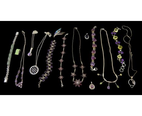 Collection of stone set silver jewellery including amethyst bracelets and necklaces, mother of pearl brooch and other pendant
