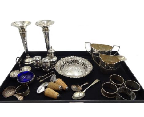 Edwardian silver cruet set by Mark Willis & Son, Sheffield 1904, bachelors milk jug and sugar dish by John Millward Banks, Ch