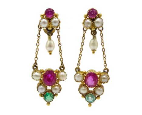 Pair of 18ct gold (tested) ruby, pearl and emerald pendant screw back earrings Condition Report Approx 8.2gm, length = 35mm C