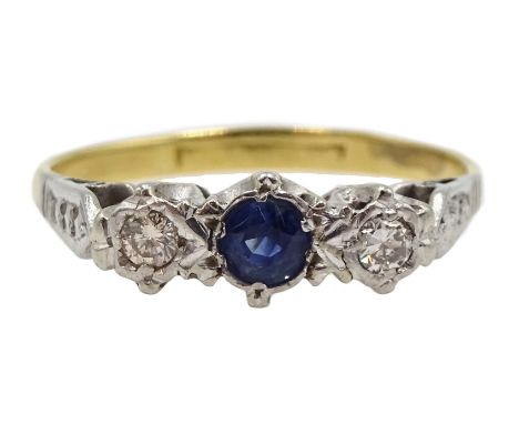 18ct gold three stone diamond and sapphire ring Condition Report Approx 2.4gm, size L, hallmarks rubbed tested to 18ctClick h