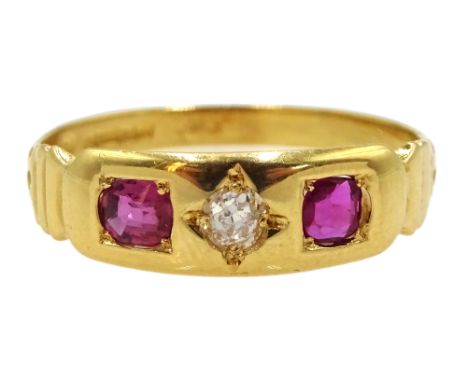 18ct gold ruby and diamond three stone ring, Birmingham 1980 Condition Report Approx 2.9gm, size Q-RClick here for further im