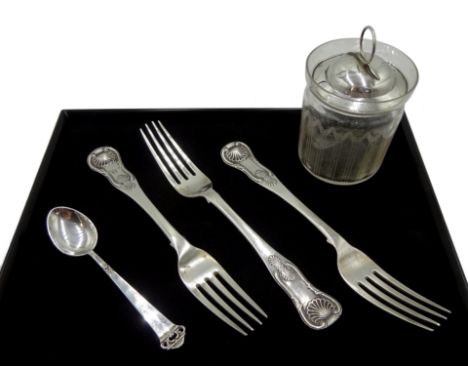 Early 20th century silver lidded glass preserve jar, Chester 1915, silver Norwegian spoon by Brodrene Mylius Three George IV 