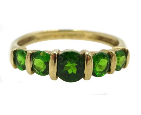 9ct gold five stone green garnet ring, hallmarked Condition Report Approx 2.2gm, size P-QClick here for further images, condi