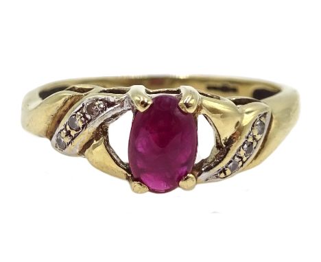 9ct gold cabochon ruby and diamond ring, hallmarked Condition Report Approx 2gm, size K-LClick here for further images, condi