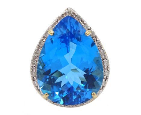 9ct gold pear shaped Swiss blue topaz, with diamond surround ring, hallmarked Condition Report Approx 8.6gm, size N, overall 