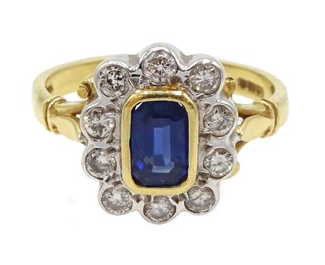 18ct gold emerald cut sapphire and round brilliant cut diamond cluster ring, hallmarked Condition Report Approx 4.8gm, size N