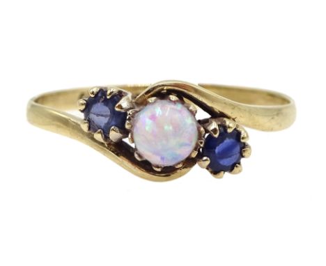 9ct gold three stone sapphire and opal ring, hallmarked  Condition Report Approx 1.7gm, size S-TClick here for further images