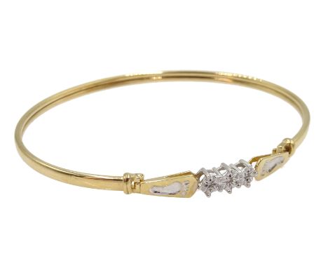 9ct gold bangle, the clasp set with three chip diamonds, hallmarked Condition Report Approx 4.3gm Click here for further imag