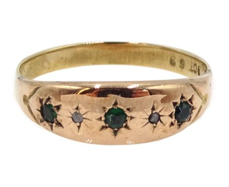 Gold emerald and diamond five stone gypsy ring, stamped 9ct Condition Report Approx 2.2gm, size TClick here for further image