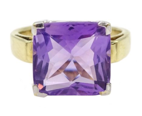 Gold princess cut amethyst ring, stamped 9K Condition Report Approx 6.5gm, size Q-R, head size 12mm x 12mmClick here for furt