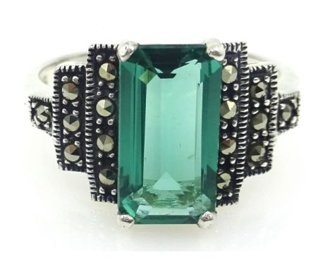 Silver stepped marcasite and green stone ring, stamped 925 Condition Report Size TClick here for further images, condition, a