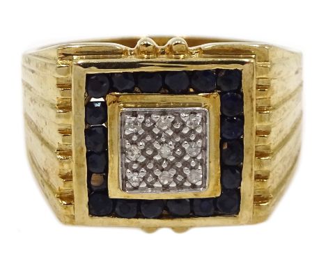 9ct gold gentleman's sapphire and diamond ring, square setting, hallmarked Condition Report 6.5gm, size R-SClick here for fur