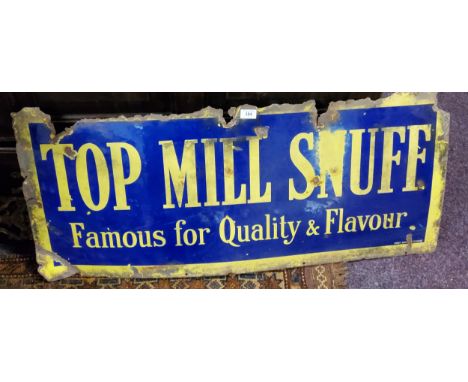 Advertisement - an early 20th century Top Mill Snuff 'Famous for quality &amp; Flavour' enamel sign produced by Enamel Sign L