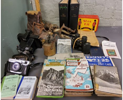 Mountaineering - climbing boots, axe, Carl Zeiss binoculars;&nbsp; Olympus Trip camera'&nbsp; Rock Climbers Guides;&nbsp; etc