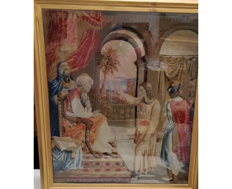 A Victorian woolwork tapestry, embroidered with sultan and attendants, 92cm x 75cm 