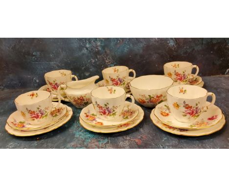 A Royal Crown Derby Posies tea service, for six, comprising teacups, saucers and side plate, printed mark 