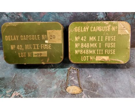 World War II -&nbsp; Delay Capsule&nbsp; metal storage tin, No.42 MK II Fuse;&nbsp;&nbsp;No. 848 MK I Fuse;&nbsp;&nbsp;No.848