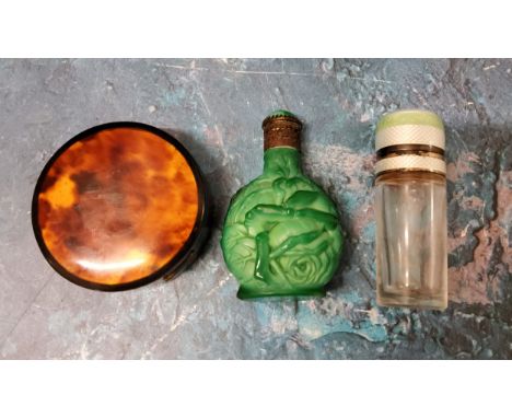 A silver and enamelled cylindrical scent bottle, 6.5cm high, c.1920;&nbsp; a malachite scent bottle, in relief with roses, 6c