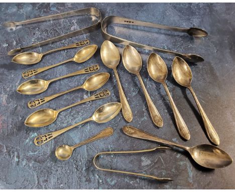 A pair of George III silver sugar tongs, LLDC, passant, 1901; another Victorian pair Charles Boynton, London, 1840; six teasp