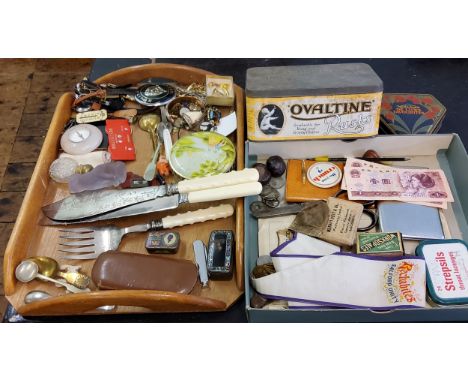An Ovaltine Rusks tin;&nbsp; another Mackintosh De Luxe Favourites;&nbsp; fish servers;&nbsp; caddy spoon;&nbsp; ladies boudo