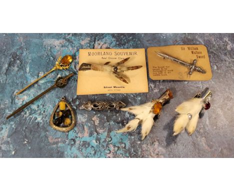 Scottish Jewellery&nbsp; - Scottish Moorland souvenir real grouse claw with silver mounts, another similar with stag detail; 