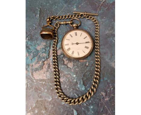 A Victorian silver open faced pedometer/pocket watch, Roman numerals;&nbsp; Albert chain, seal fob 