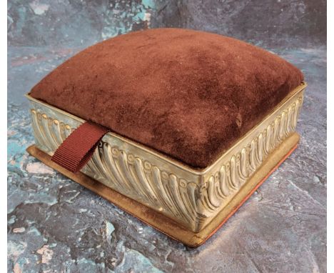 A Victorian silver square dressing table box, wrythen sides, pin cushion cover, 12.5cm wide, William Comyns, London 1894 