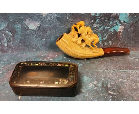 A Victorian meerschaum cheroot holder, carved horse and lion, 9.5cm long, c.1860;&nbsp; a Victorian papier mache snuff box, a