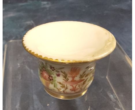 A late 19th century French patch stand, painted with flowers urns and scrolls, 5cm diam, c.1860 