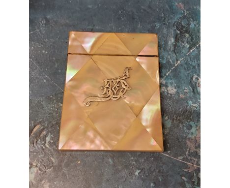 A Victorian mother-of-pearl rectangular card case, applied in silver with monogram, 10cm x 8cm, c.1880 