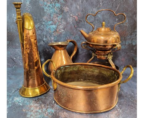 A Boosey &amp; Co copper and brass bugle, 59878, early 20th century; a copper roll top two handled panc.1870, 25.5cm wide, c.