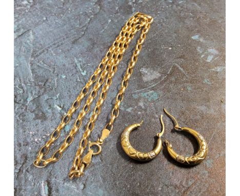 A 9ct gold belcher chain; a pair of 9ct gold hoop earrings 3.78g 