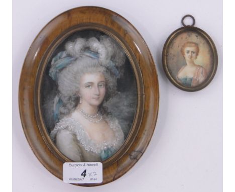 Miniature watercolour, portrait of a Gainsborough style lady, unsigned, 5" x 3.75" and another miniature watercolour, portrai
